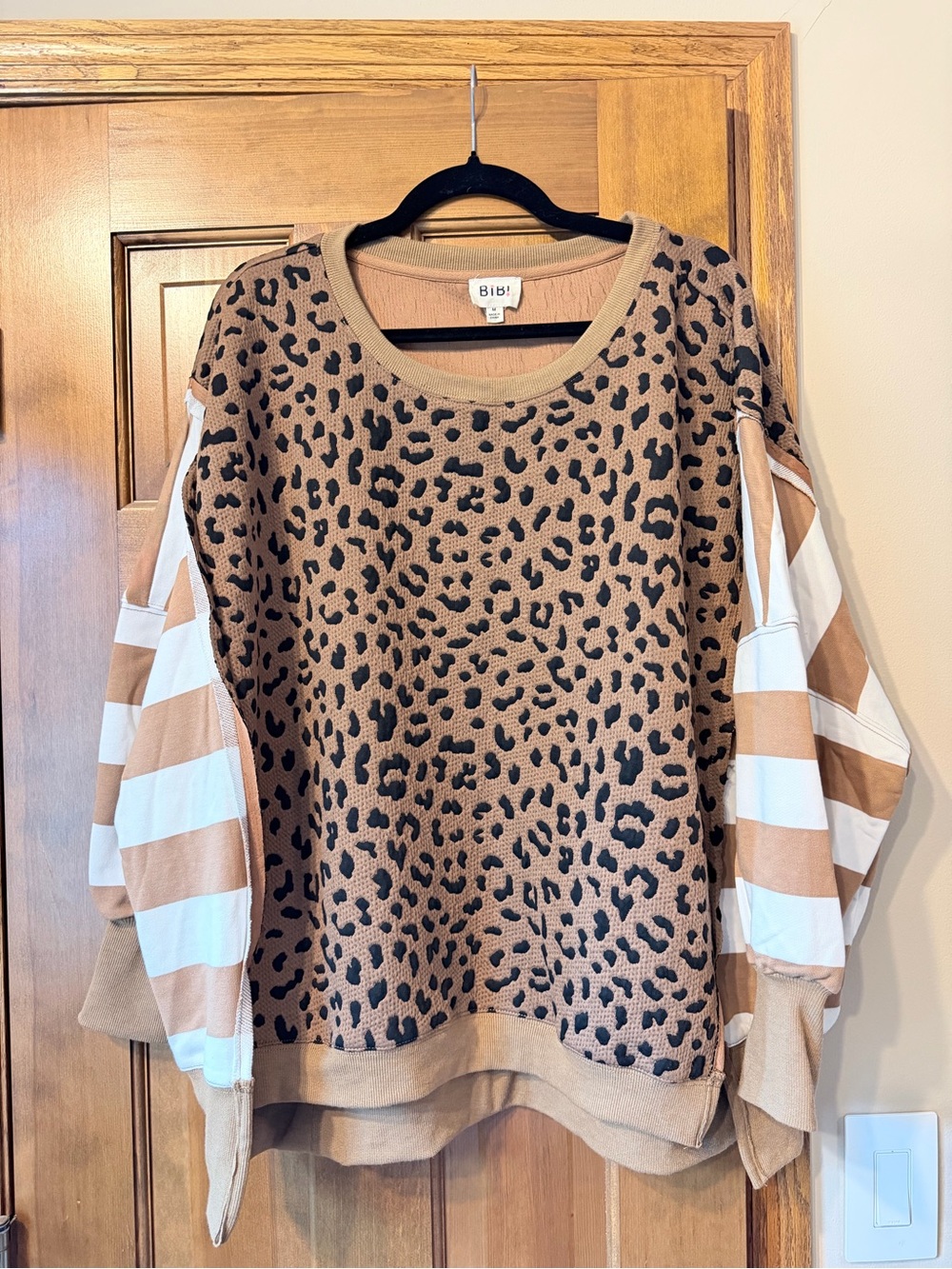 BiBi Camel and Black Leopard-Print Sweater with Striped Sleeves